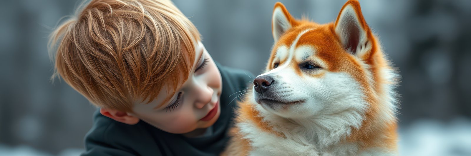 Young child enjoys a tender moment with a fluffy dog in a serene outdoor setting during early morning
